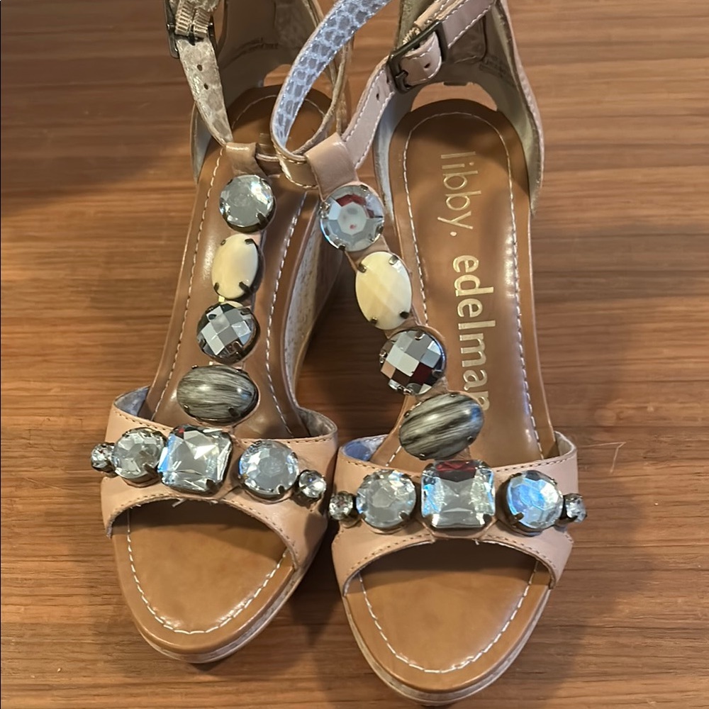 Libby Edelman Tan Wedge Sandals with Beaded T-Strap